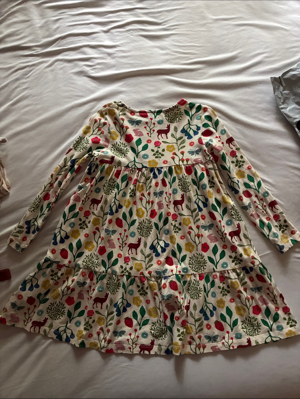 Mini Boden Cream Long-Sleeve Dress with Multicolor Floral & Deer Print